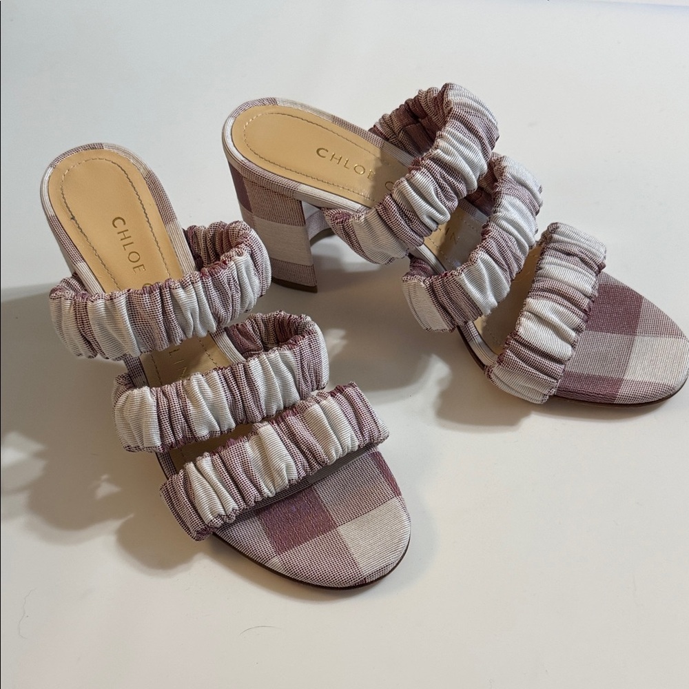 Chloe Plaid Ruffle Heels - Pink Mauve and White Made in Italy. Size 37.5